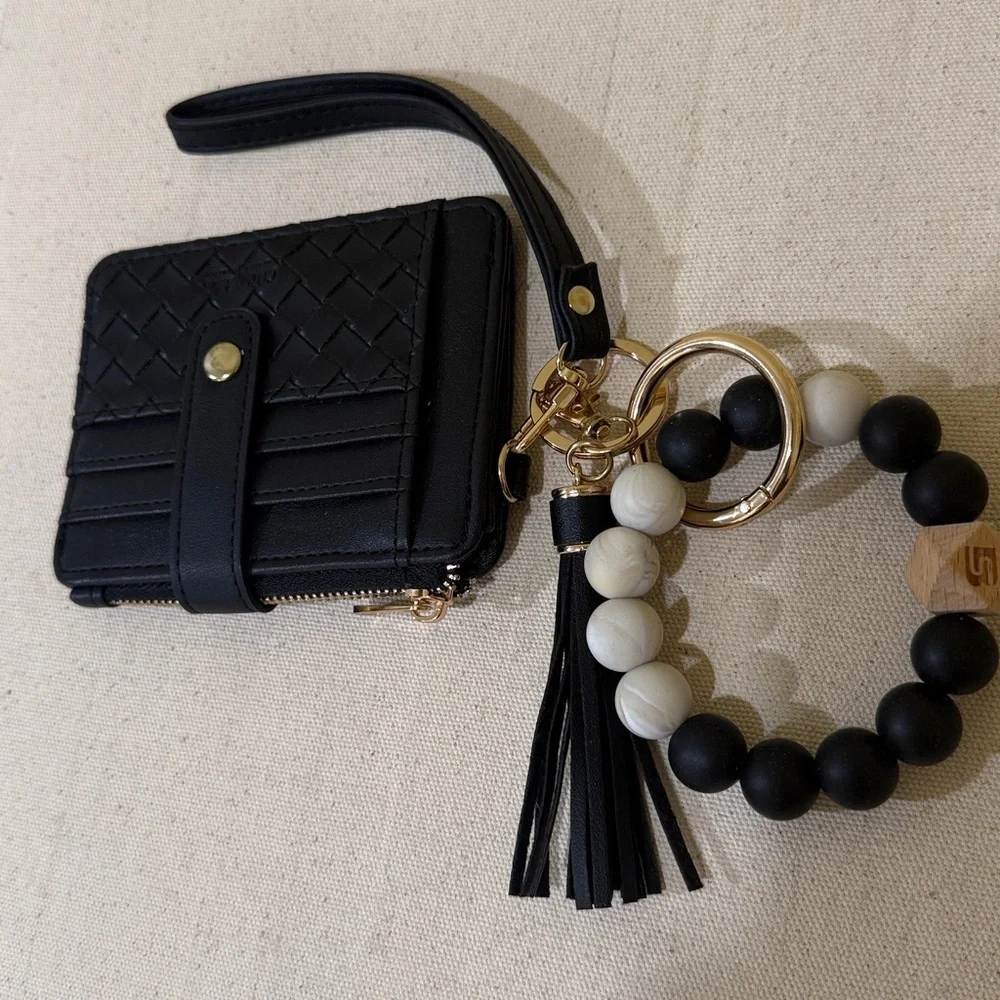 Black Quilted Wallet / Card Holder with a Tassel and Stretchy Beaded Bracelet